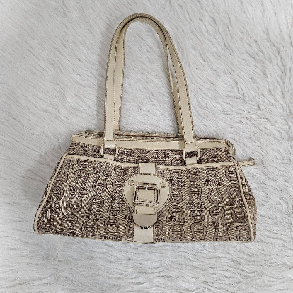 Etienne Aigner Beige Logo-Print Shoulder Bag with Buckle Accent